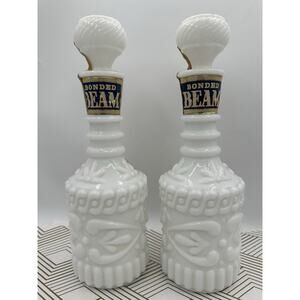 Jim Beam Bonded Beam Vintage 12" White Milk Glass Ornate Empty Whiskey Decanters
